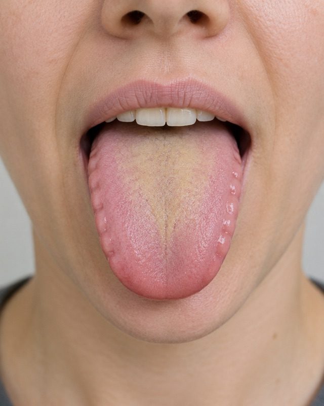 Close-up of a tongue showing color and coating