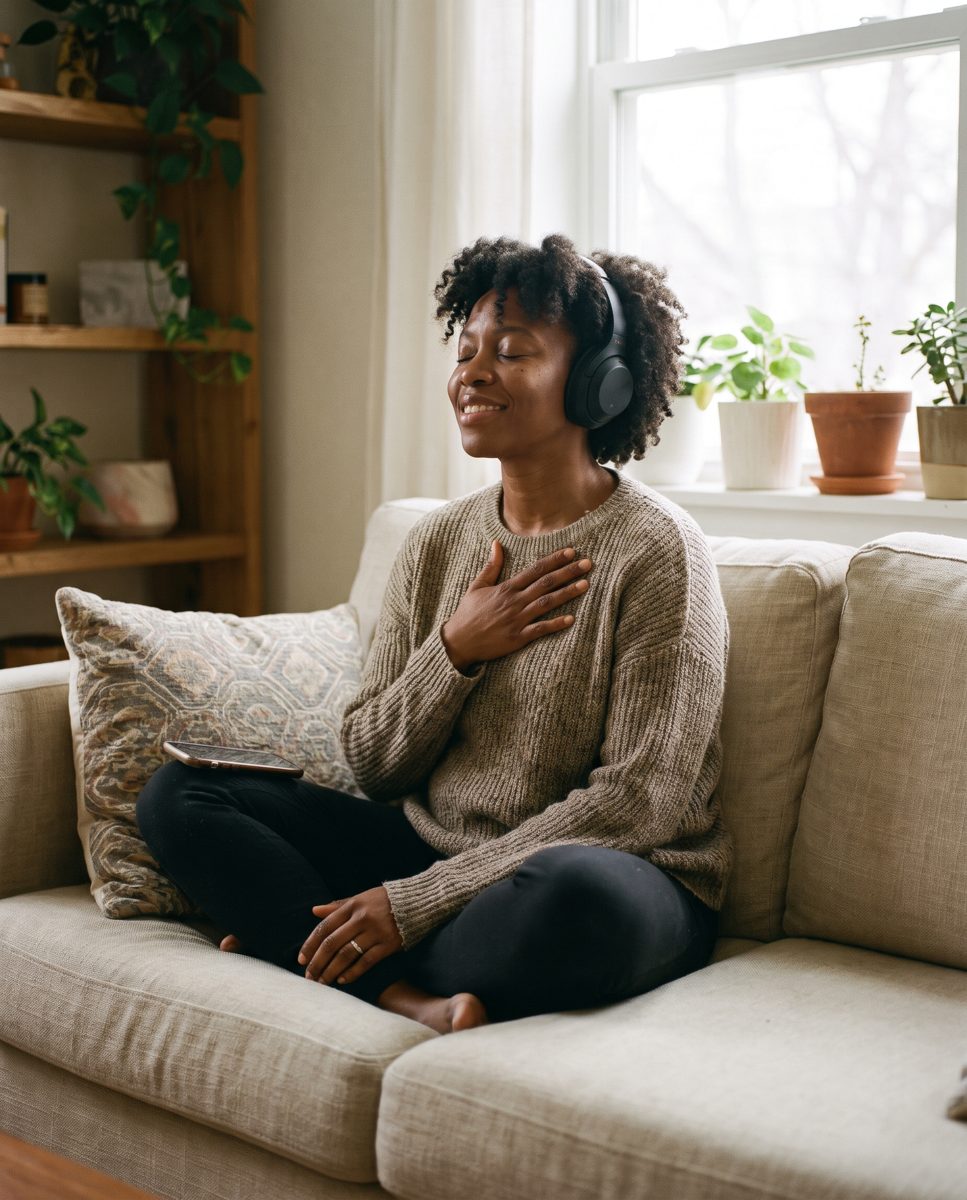 A woman breathes calmly with headphones on her sofa