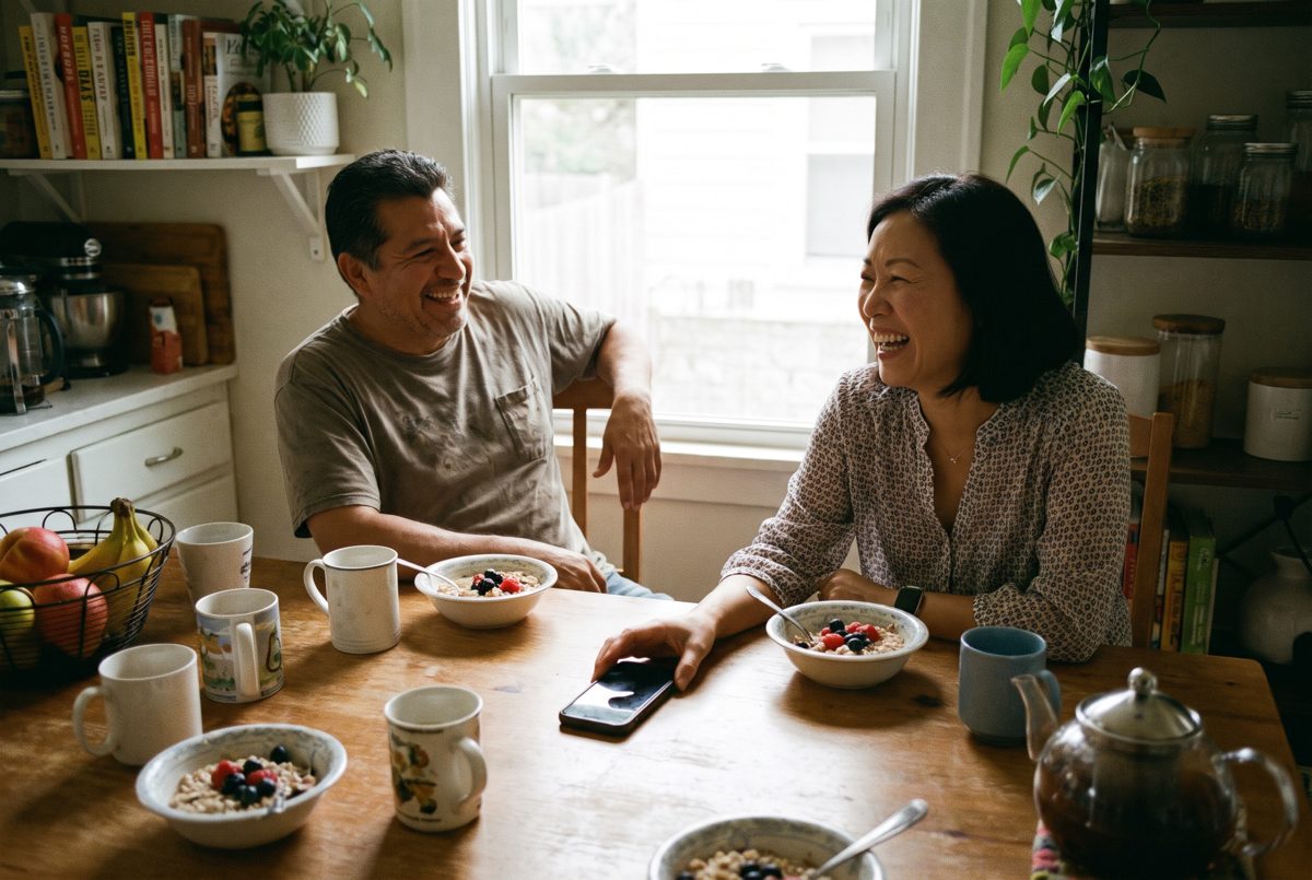 A couple laughs together over breakfast and tea at the kitchen table