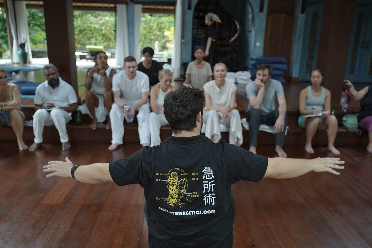 Dr. Daniel Flash opens a seminar, arms wide, in front of seated students