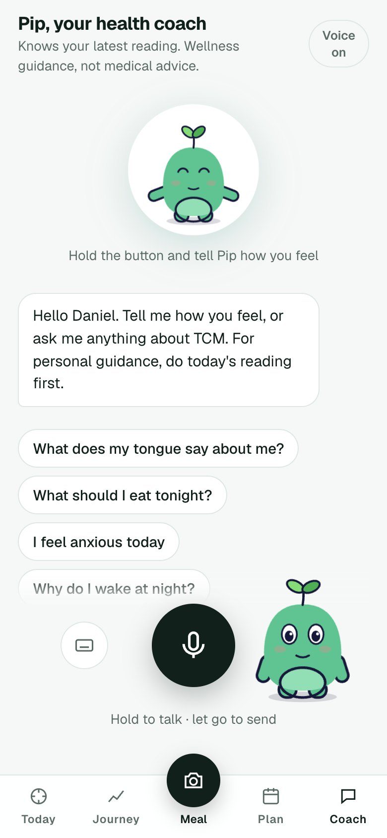 Talking with Pip: hold the button and tell Pip how you feel, with suggested questions
