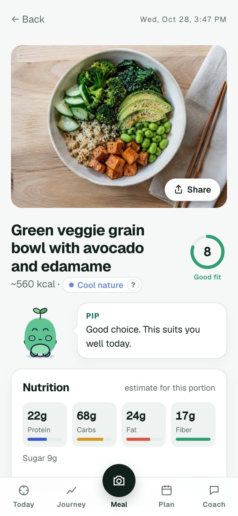 Qira meal report: green veggie grain bowl, cool nature, fit 8 of 10