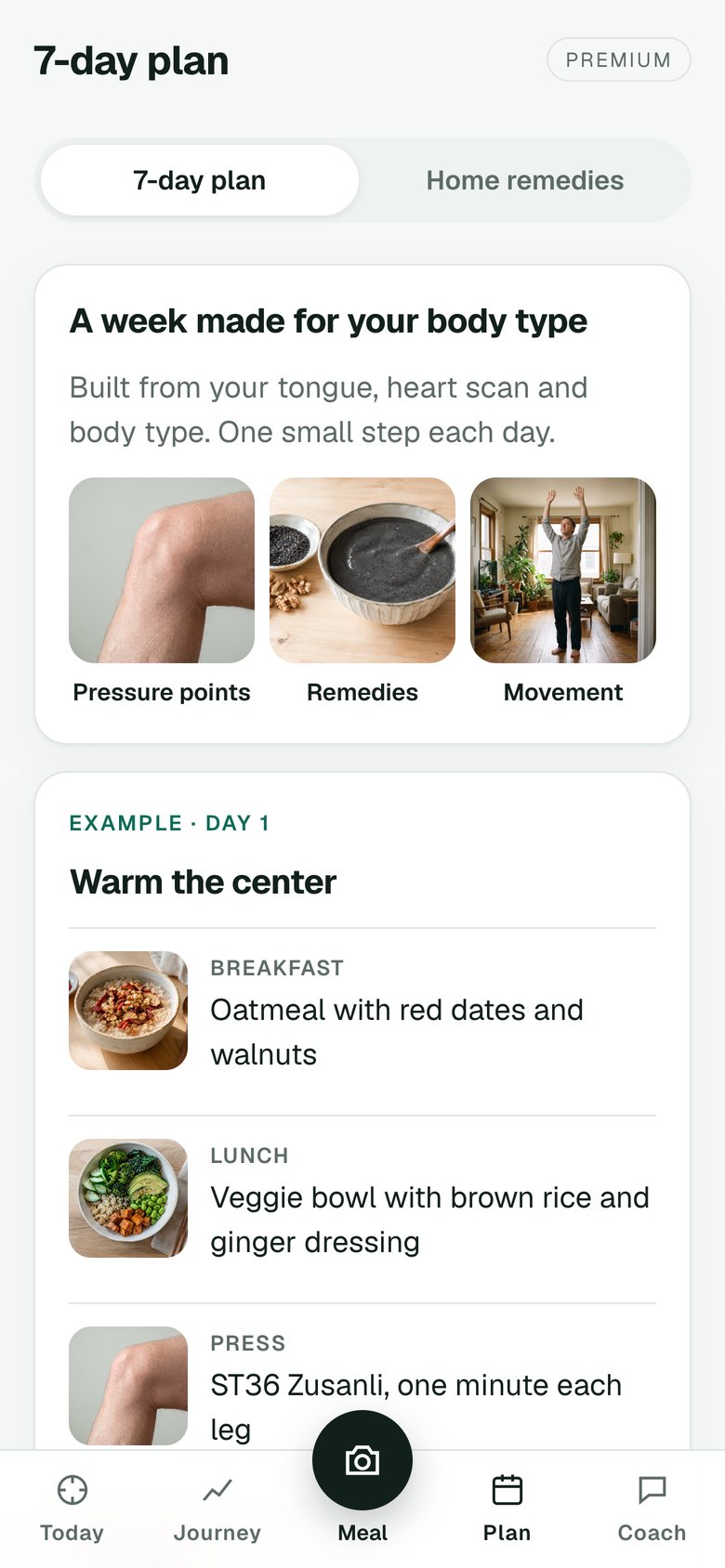 Qira 7-day plan with pressure points, remedies and movement, and an example day of meals